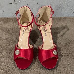 Red Satin Open-Toe Ankle Strap Heels
